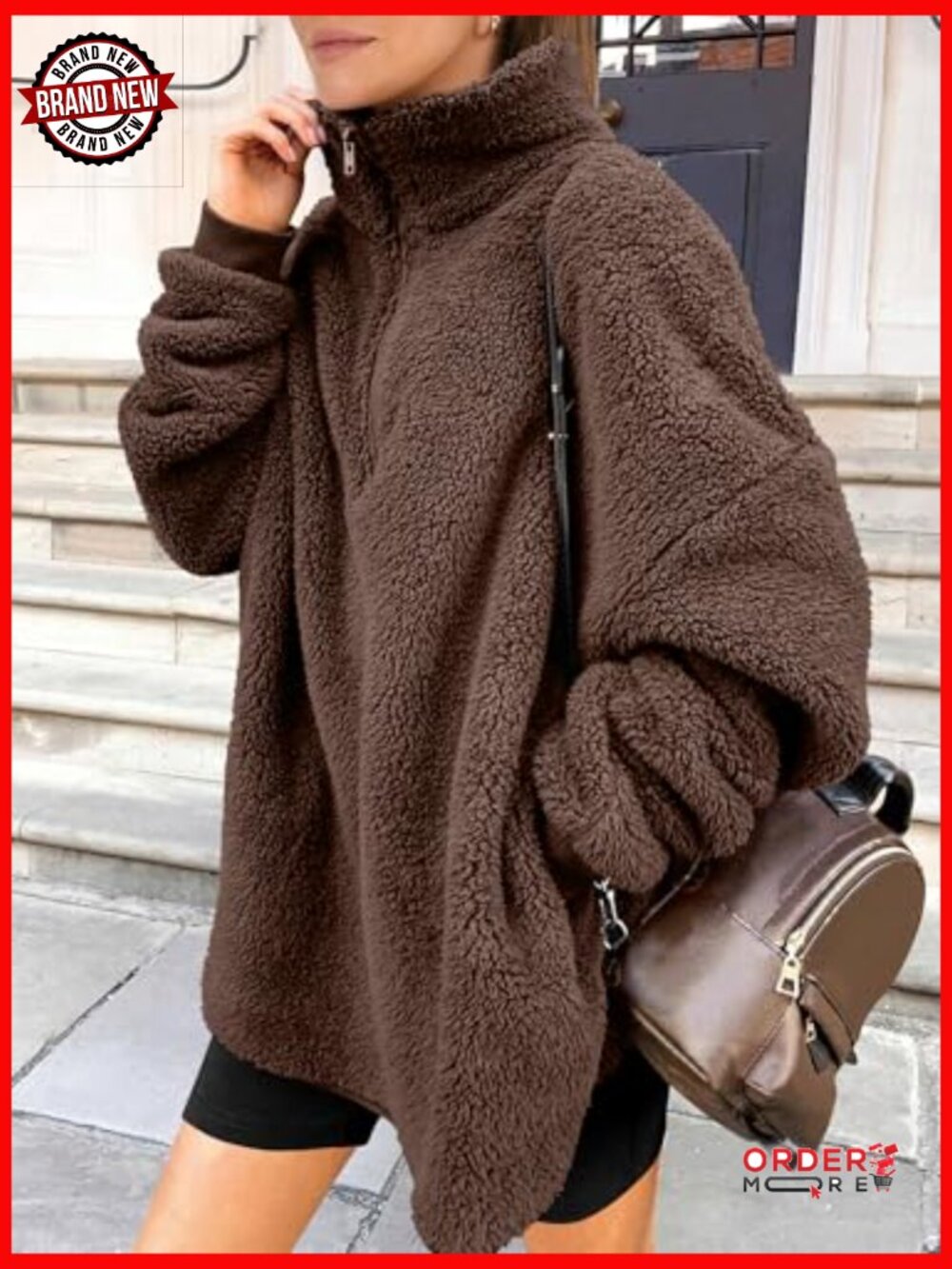 Oversized Sherpa Fleece Zip Up Hoodie Sweatshirt Pullover - Picture 6 of 7